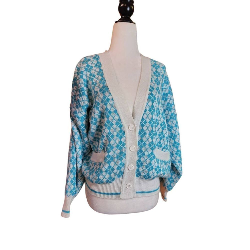 Vintage Argyle Cardigan Sweater Button Front Pockets Medium 60s 70s Golf Quirky